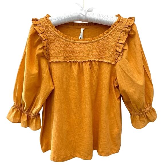 Anthropologie Tops - ANTHROPOLOGIE Yellow Ruffle Smocked Peasant Top Cotton Boho Cottagecore | XS